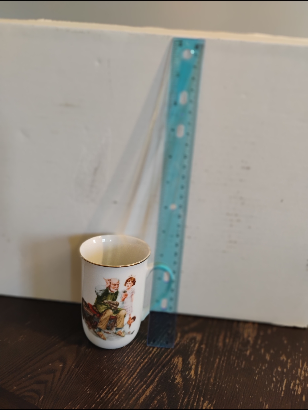 White Porcelain Mug with Gold Trim and Vintage Illustration
